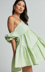 Harleen Mini Dress - Linen Asymmetrical Trim Puff Sleeve Dress in Sage