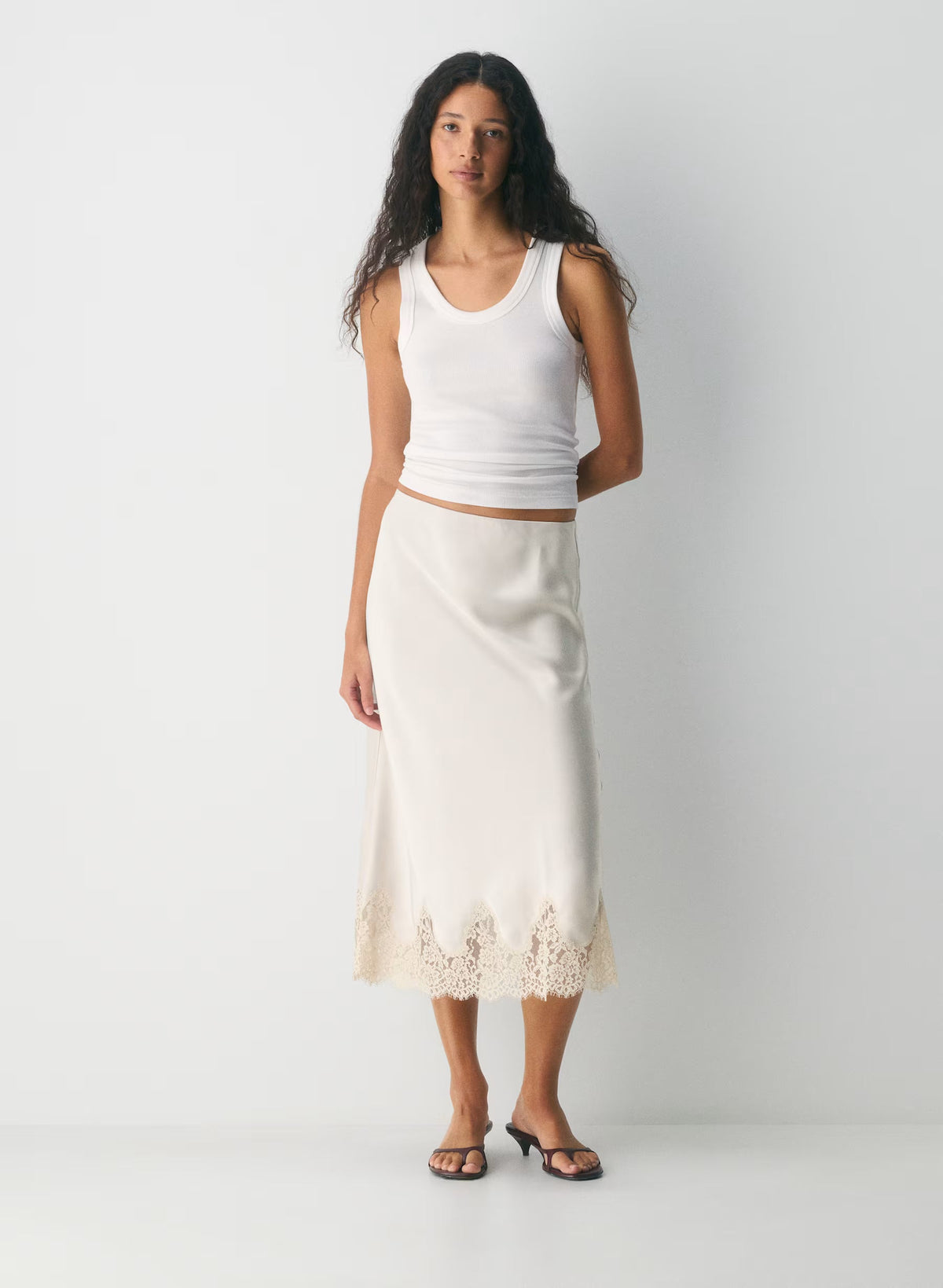 Double satin midi slip skirt with lace trim