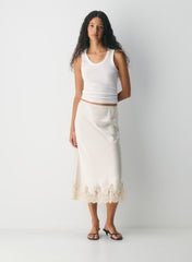Double satin midi slip skirt with lace trim