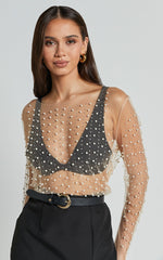 Illiana Top - Pearl Mesh Gathered Long Sleeve Top in Beige
