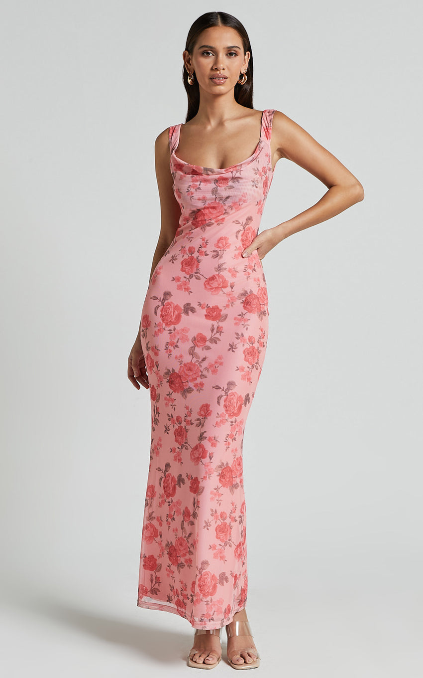 Nadine Midi Dress - Cowl Neck Low Back Mesh Slip Dress in Pink Floral