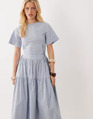 Ghospell Piper short sleeve tiered skirt midi dress in light blue striped print