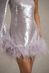 Free Soul Lilac Sequin One Shoulder Feather Trim Mini Dress