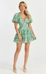 Nelli Mini Dress - Short Puff Sleeve Shirred Back Dress in Green Silhouette