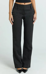 Elliot Pants - Mid Rise Pinstripe Bootleg Pants in Black Pinstripe