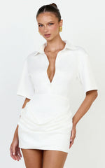 Leora Mini Dress - Button Front Draped Cowl Waist Dress in Off White