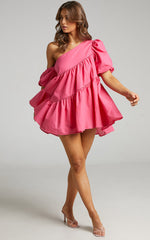 Harleen Mini Dress - Linen Asymmetrical Trim Puff Sleeve Dress in Pink