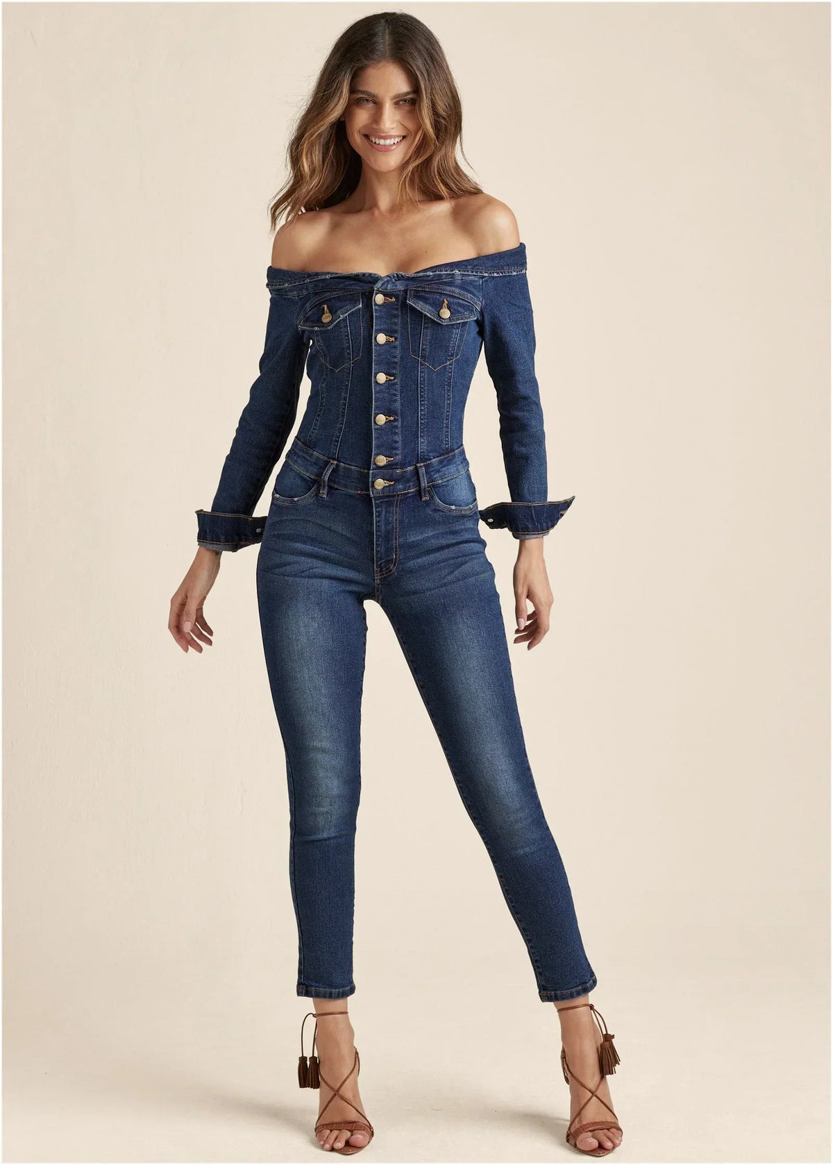 Off The Shoulder Denim Jumpsuit Dark Wash
