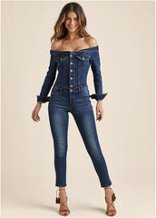 Off The Shoulder Denim Jumpsuit Dark Wash