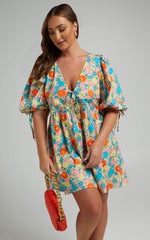 Rosita Mini Dress - Tie Front Puff Sleeve Dress in Pink Floral