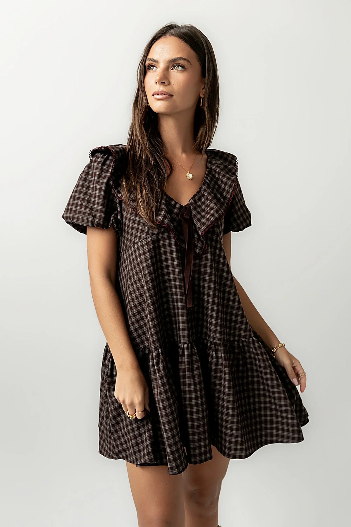 Tony Gingham Baby Doll Dress In Brown