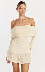 Roxy Mini Dress - Off Shoulder Long Sleeve Pleated Skirt Dress in Cream