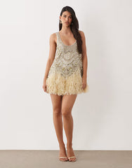 ASOS LUXE embellished scoop neck mini dress with faux feather hem in pale yellow