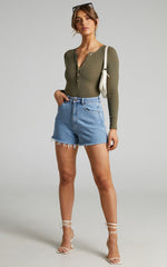 Tatem Bodysuit - Long Sleeve Button Front Bodysuit in Khaki