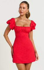 Ginny Mini Dress - Square Neck Ruched Bodice Puff Sleeve Straight Dress in Red