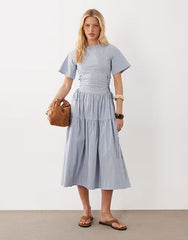 Ghospell Piper short sleeve tiered skirt midi dress in light blue striped print