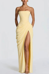 Cyra Back Lace-up Asymmetrical Pleats Strapless Slit Maxi Dress