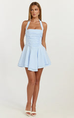 Anya Mini Dress - Halter Neck Gathered Top Drop Waist Fit And Flare Dress in Blue