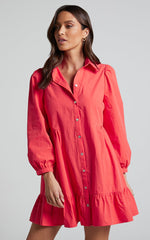 Maulee Mini Dress - Frill Hem Shirt Dress in Oxy Fire
