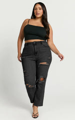 Billie Jeans - High Waisted Cotton Distressed Mom Denim Jeans in Black Wash