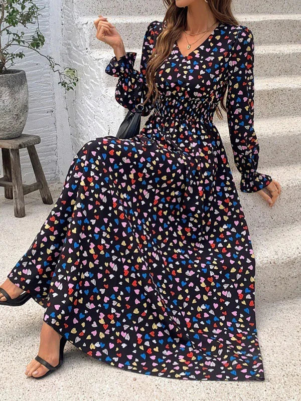 Loose Puff Sleeves Elasticity Floral Printed Split-Joint V-Neck Maxi Dresses