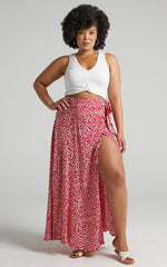 Break A Leg Wrap Thigh Split Maxi Skirt in Red Floral
