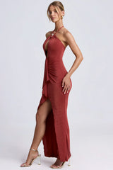 Hardware Detail Cut Out Halterneck Maxi Dress in Auburn Brown