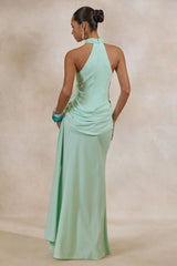 Aevina | Mint Satin Asymmetric-Neck Maxi Dress With Scarf-Detail