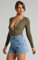 Tatem Bodysuit - Long Sleeve Button Front Bodysuit in Khaki