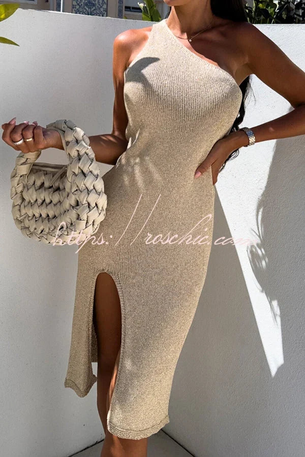 Heating Up The Hamptons Knit One Shoulder Slit Stretch Midi Dress