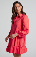 Maulee Mini Dress - Frill Hem Shirt Dress in Oxy Fire