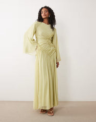 crinkle chiffon gathered maxi dress with micro ruffles in olive green