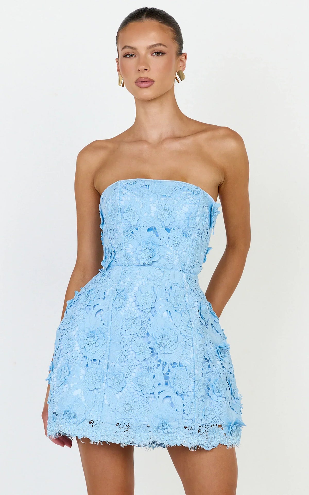 Maristella Mini Dress - Strapless Lace Up Back A Line Dress in Blue