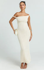 Isabel Midi Dress - Twist Off Shoulder Bodycon Dress in Cream