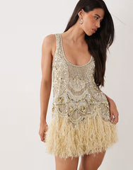 ASOS LUXE embellished scoop neck mini dress with faux feather hem in pale yellow