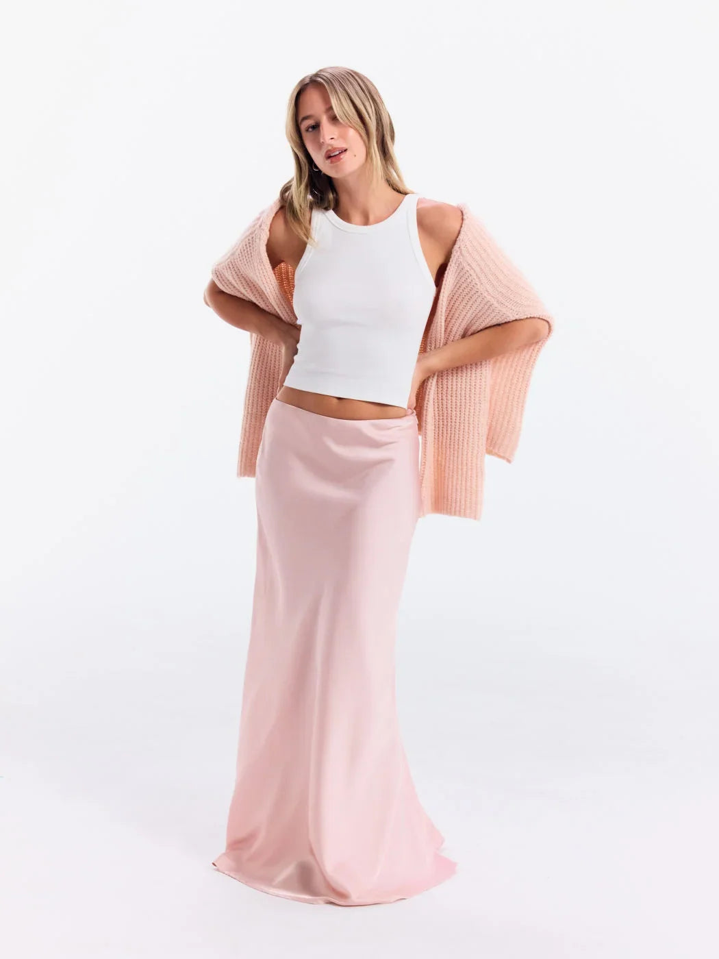Satin Mid Rise Ruffle Maxi Skirt