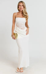 Contrast Lace Bodice Bias Cowl Drop Waist Dress in Cream