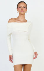 Tess Mini Dress - Asymmetric Off Shoulder Long Sleeve Knit Dress in Cream