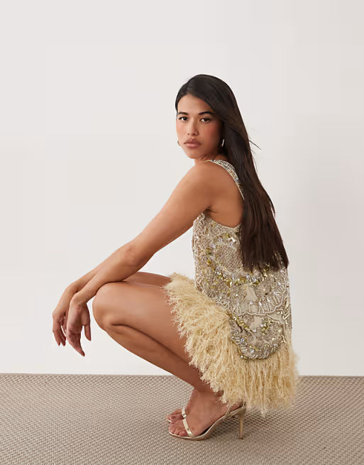 ASOS LUXE embellished scoop neck mini dress with faux feather hem in pale yellow