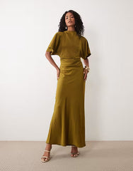 satin high neck blouson maxi dress with flutter sleeve in dark khaki