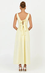 Casina Midi Dress - Boat Neck Tie Back Fit And Flare Dress in Yellow