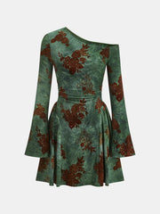 Flocked Floral Print One-Shoulder Mini Dress