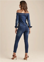 Off The Shoulder Denim Jumpsuit Dark Wash
