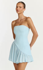 Calla Mini Dress - Strapless Gathered Asymmetric Dropped Waist Dress in Light Blue