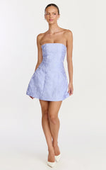 Rosalie Mini Dress - Strapless Jacquard Floral Mini Dress in Blue
