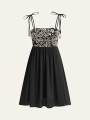 Embroidered Midi Dress with Tie-Up Straps