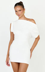 Nalfie Mini Dress - Tipped Shoulder Jersey Drape Dress in White