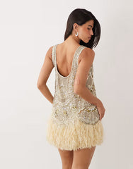ASOS LUXE embellished scoop neck mini dress with faux feather hem in pale yellow