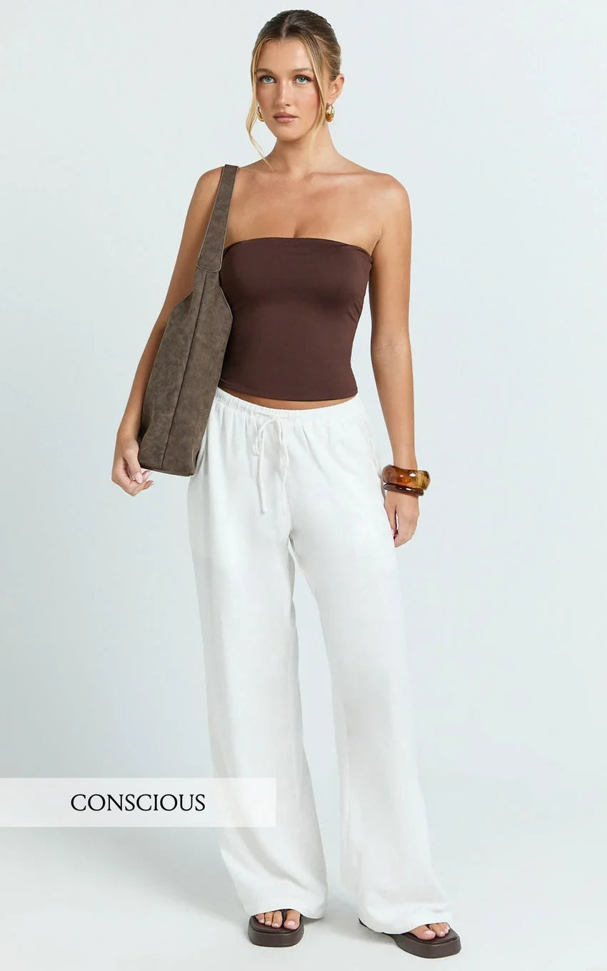 Wesley Pants - Mid Rise Relaxed Leg Linen Blend Pants in Off White