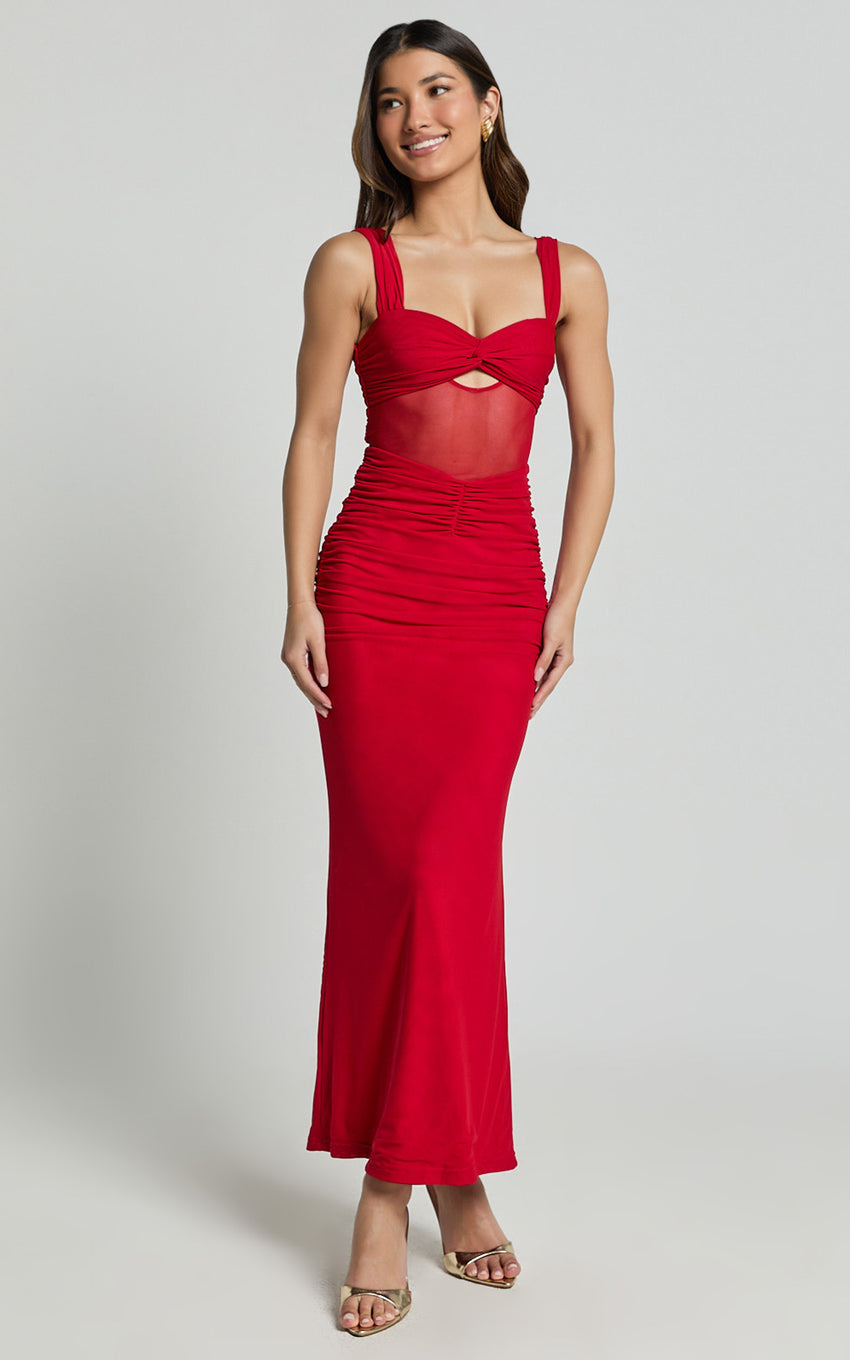 Adalee Midi Dress- Sheer Panel Ruched Bust Dress in Red